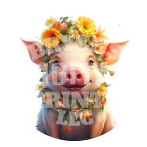 Realistic Floral Pig Sublimation, Digital Download, Piggy Clipart, Realistic Piglet, Pig Clipart, Piglet Clipart, Floral Pig, Nursery Art