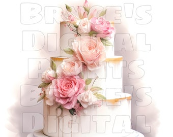 Op de afbeelding: Een drielaagse witte bruidstaart versierd met roze en witte suikerbloemen. De taart staat op een witte taartstandaard.