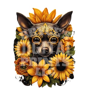 Sugar Skull Dog Art, Digital Download, Sugar Skull Dog and Floral Clipart, Skull Dog Mask, Day Of The Dead, Sugar Skull, Mexican Folk Art