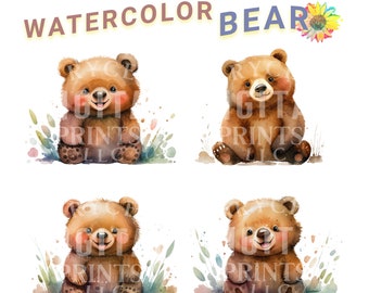 Watercolor Bear, Watercolor Baby Bear, Digital Download, Teddy Bear Clipart, Baby Bear Clipart, Baby Bear, Nursery Wall Art, Baby Bear Art