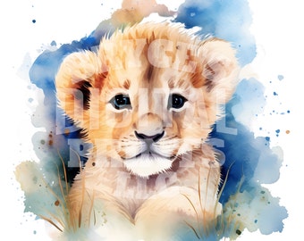 水彩画の赤ちゃんライオン、デジタルダウンロード、赤ちゃんライオン