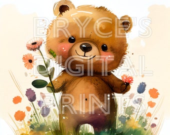 Watercolor Bear, Watercolor Baby Bear, Digital Download, Teddy Bear Clipart, Baby Bear Clipart, Baby Bear, Nursery Wall Art, Baby Bear Art