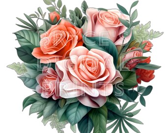 Boeket van realistische rozen Digitale download Flower Clipart Floral Clipart Rose Clipart Rose PNG Rose Sublimation Wrap Bruidsboeket Rozen