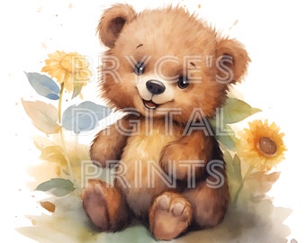 Watercolor Bear, Watercolor Baby Bear, Digital Download, Teddy Bear Clipart, Baby Bear Clipart, Baby Bear, Nursery Wall Art, Baby Bear Art