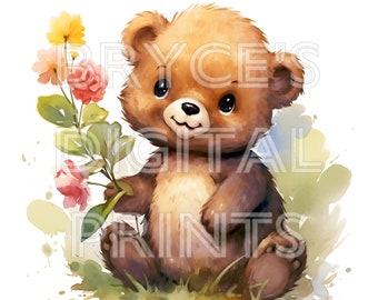Watercolor Bear, Watercolor Baby Bear, Digital Download, Teddy Bear Clipart, Baby Bear Clipart, Baby Bear, Nursery Wall Art, Baby Bear Art