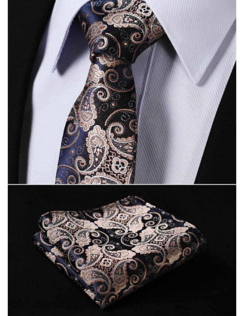 Men/'s Navy Blue Gold Paisley Silk Slim Tie and Pocket Square Set Wedding Groomsmen Gifts Floral Ties Great for Pictures