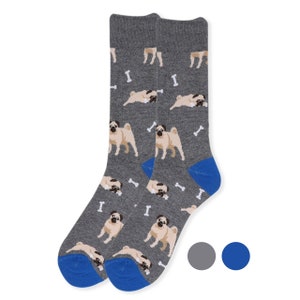 Men's Pug Dog Design Novelty Socks | Blue Gray Animal Print Socks | Funny Dog Crew Sock | Gift for Animal Lovers | Dog Parent Sock |