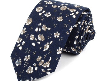 Navy Blue Floral Wedding Slim Tie, Great Ties for Groomsman, Flower Print Tie, Outdoor Wedding Tie