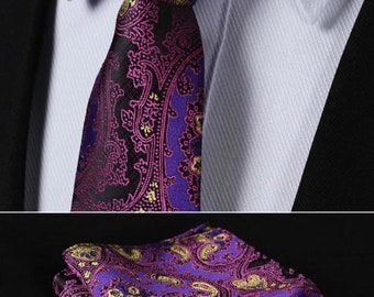 Purple Floral Tie, Yellow Paisley Woven Silk Slim Tie and Pocket Square Set, Ties for Groomsmen, Ties for Wedding Party