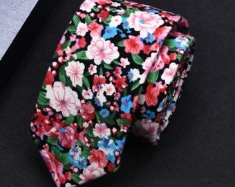 Floral Wedding Slim Tie, Colorful Floral Wedding Ties, Bright Floral Ties for Grooms, Groomsmen