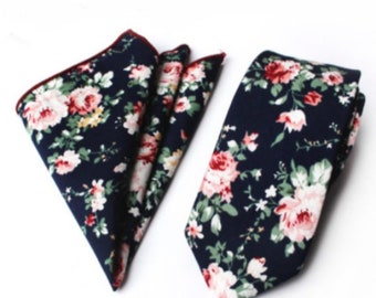 Men's Floral Wedding Slim Tie Matching Pocket Square Set, Great Tie Hanky Combo Sets for Groomsman, Flower Print Tie, Groomsmen gifts