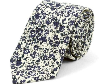 Floral Wedding Ties, Ivory Floral Ties, Navy Cotton Slim Neckties, Great Ties for wedding, Floral Ties for Groomsmen