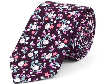 Men's Floral Wedding Ties, Wine Slim Neckties, Floral Ties for Wedding, Ties for Groomsmen