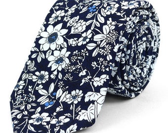 Men's White Floral Wedding Ties, Navy Blue & White Wedding Floral Ties, Slim Neckties Great Ties for Groomsmen, Wedding, Slim Ties