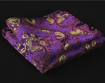 Mens Purple & Yellow Paisley Floral Woven Jacquard 100% Silk Pocket Square | Formal Tuxedo Suit Pocket handkerchief 22cm x 22cm