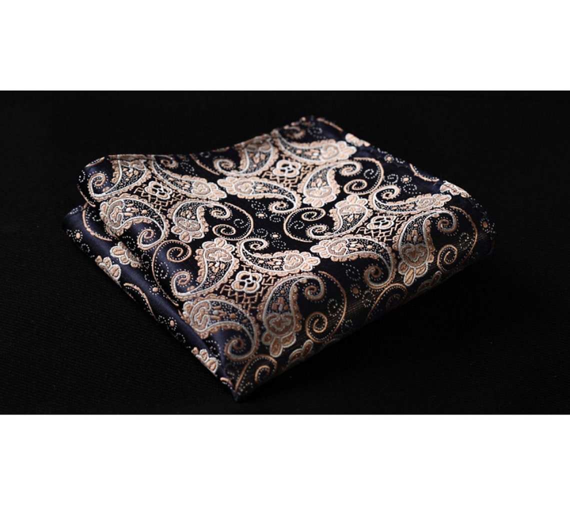 Navy Blue Gold Paisley Silk Tie and Pocket Square Set Floral - Etsy