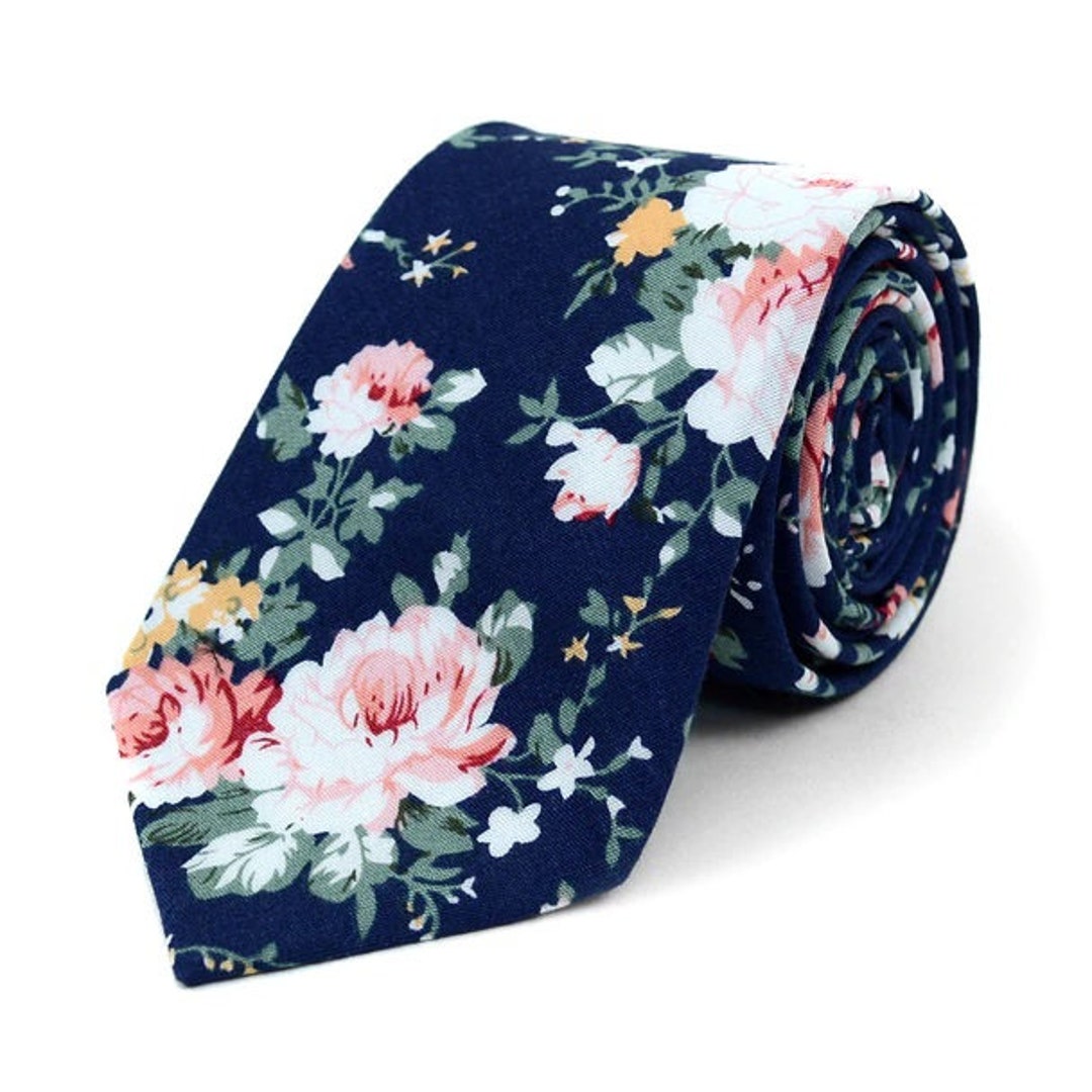 Men Floral Wedding Slim Ties Navy Blue Floral Ties Beige Etsy
