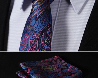 Purple Blue Floral Paisley Silk Slim Tie, Pocket Square Set, Paisley Wedding Silk Ties, Purple Wedding Ties