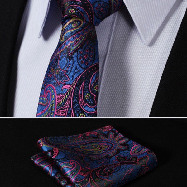 Purple Blue Floral Paisley Silk Slim Tie, Pocket Square Set, Paisley Wedding Silk Ties, Purple Wedding Ties