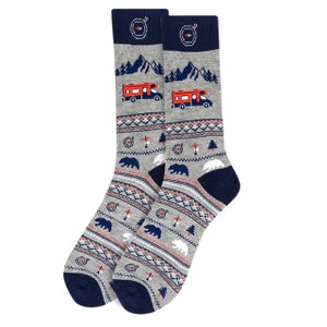 Camping Socks | Road Trip Men's Fun Crew Socks | Camp Theme Novelty Funny Socks | Gift for RV Traveler | Gifts for Hunter | Camping socks