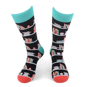 Book Shelves Novelty Socks, Funny Reading Sock, Socks For Readers, Library Sock, Gift for Reader, Stocking Stuffers | libararian socks gift