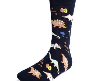 Men's Dinosaur Novelty Socks, Blue & Black Casual Dino Socks, Men's Funny Sock Gift, Fun Crew Socks, Stocking Stuffer Holiday gift