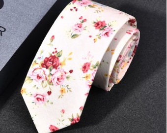 White Floral Wedding Slim Tie - Flower Ties Great Ties for Groomsman Wedding Party, Ties for Groomsmen