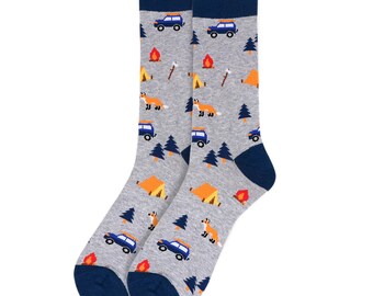 Mens Cotton Camping Theme Printed Novelty Casual Colorful Funny Socks, Men's Fun Crew Socks