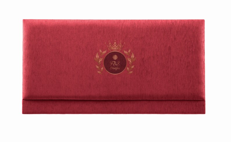 May include: A red velvet envelope with a gold embossed logo featuring a crown, leaves, and the text "F&S Designs".