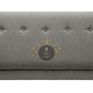 May include: Grey upholstered headboard with five buttons and a gold logo that says "P&S Designs".