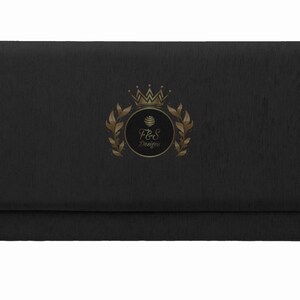 May include: Black envelope with a gold logo featuring a crown, a circle with the text "F&S Designs", and a laurel wreath.