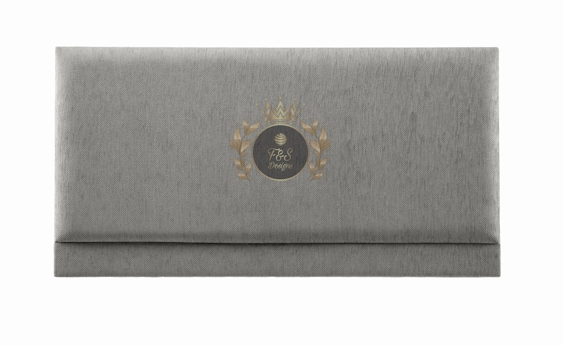 May include: A gray fabric headboard with a gold embroidered logo that says "F&S Designs" with a crown above the text.