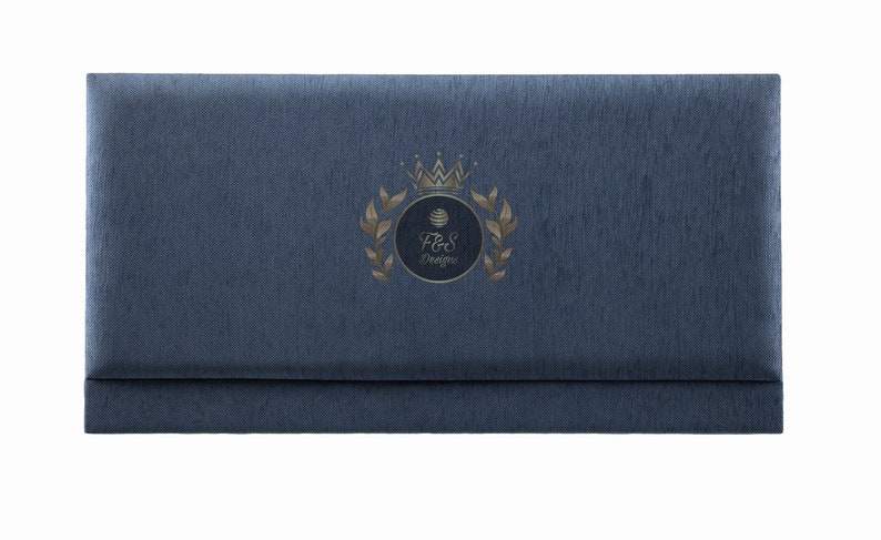 May include: A blue fabric headboard with a gold embroidered logo that says "F&S Designs" with a crown and leaves.