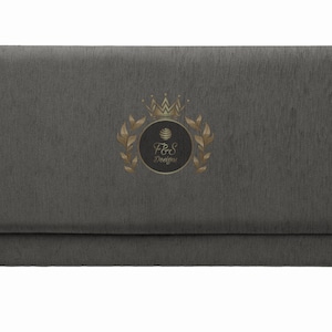 May include: A dark gray fabric headboard with a gold embroidered logo featuring a crown, leaves, and the text "F&S Designs".