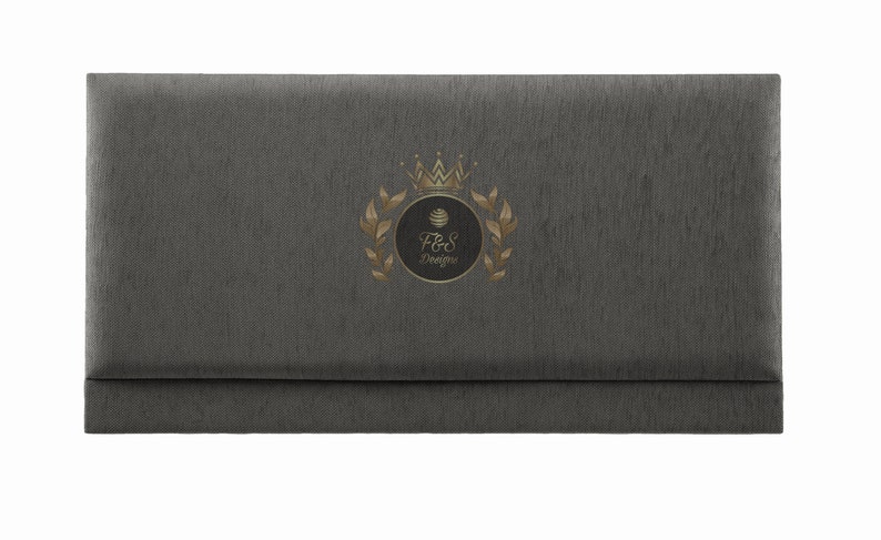 May include: A dark gray fabric headboard with a gold embroidered logo featuring a crown, leaves, and the text "F&S Designs".