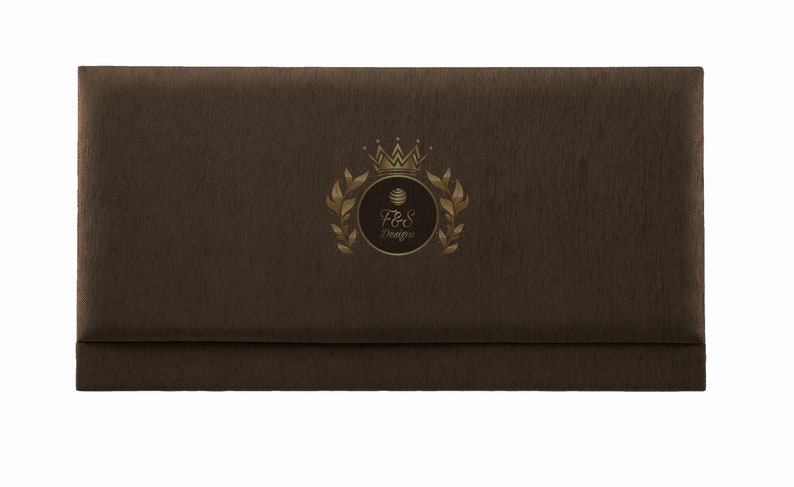 May include: A brown fabric-covered box with a gold logo featuring a crown, a circle with the text "F&S Designs", and a wreath of leaves.