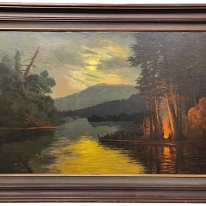 Astley David Middleton Cooper, Indian Encampment by The River, 1890 Oil on Board, American Frontier Art, Framed, Native Americans, Antique