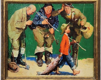 William Meade Prince, Cane Pole Fishing, 1934 Painting Oil on Canvas, Country Gentlemen Magazine Illustration, Sporting Art, Norman Rockwell