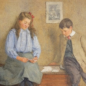 Frederick McNamara Evans (inglés, 1859-1929) " A Game of Patience ", circa 1900, Acuarela original
