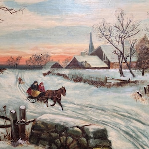 Entlang eines Winterwegs, amerikanische Volkskunst Schneeszene, Pferdewagen, Sonnenaufgang, Öl auf Leinwand, gerahmt, antike Landschaftsmalerei