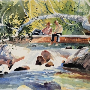 Chet Reneson, Boys Fishing, Original Watercolor, Connecticut Artist, Old Lyme, Henrik Mayer