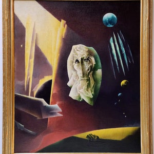 May include: A surrealist painting with a white, textured face in the center, surrounded by a dark background with a blue and yellow planet, and a red, yellow, and green landscape at the bottom.