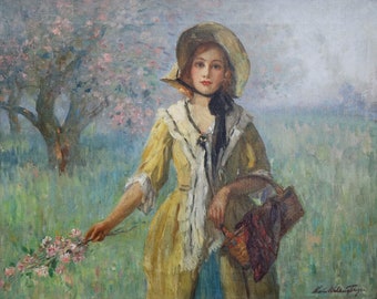 Charles E. Waltensperger, Oil on Canvas, Impressionist Painting, Spring Blossoms, Impressionism, Painting of a Woman with Flowers, Michigan
