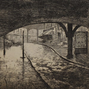 William Walworth Stilson, A Rainy Sunday under the Brooklyn Bridge, circa 1910-1915, Etching on wove paper, New York City, NYC, Antique