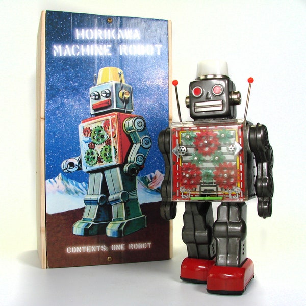 1964 HORIKAWA MACHINE ROBOT in 15 "Light Up Wood Display Box Crate - One of a Kind Set
