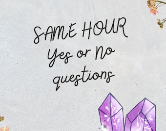 May include: A watercolour illustration of purple crystals with white floral details on a light grey background. The text "SAME HOUR yes or no questions" is written in black cursive.