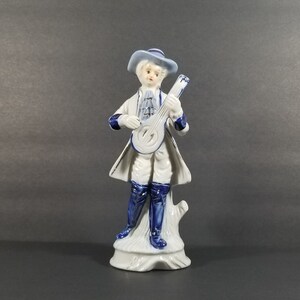 Victorian Man with Mandolin White and Blue Porcelain Figurine, Made in Taiwan
