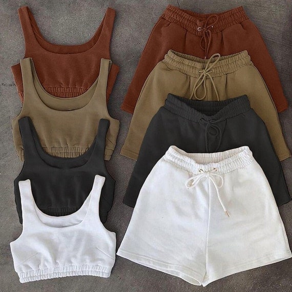2 Pcs Casual Crop Top Shorts Set 2 