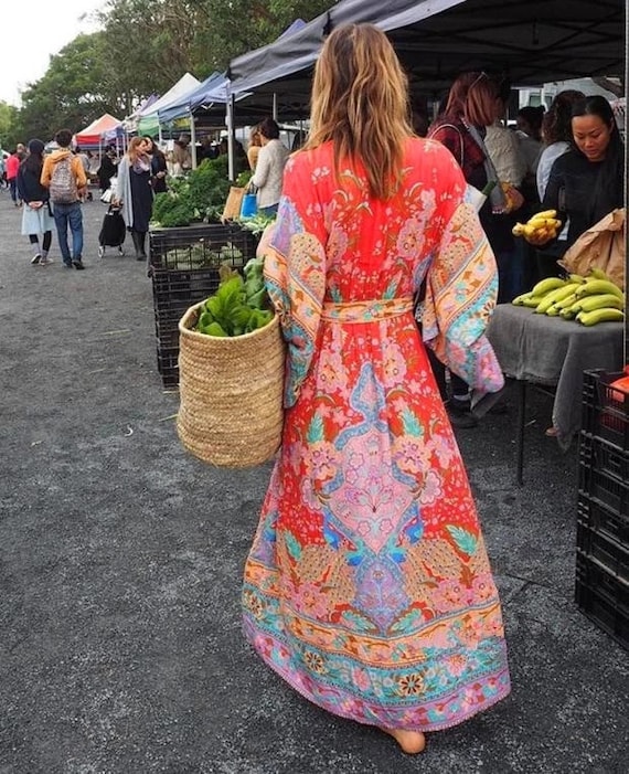 Boho Floral Print Maxi Kimono Summer 