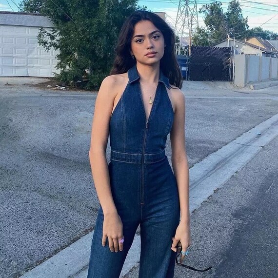blue denim jumpsuit outfit